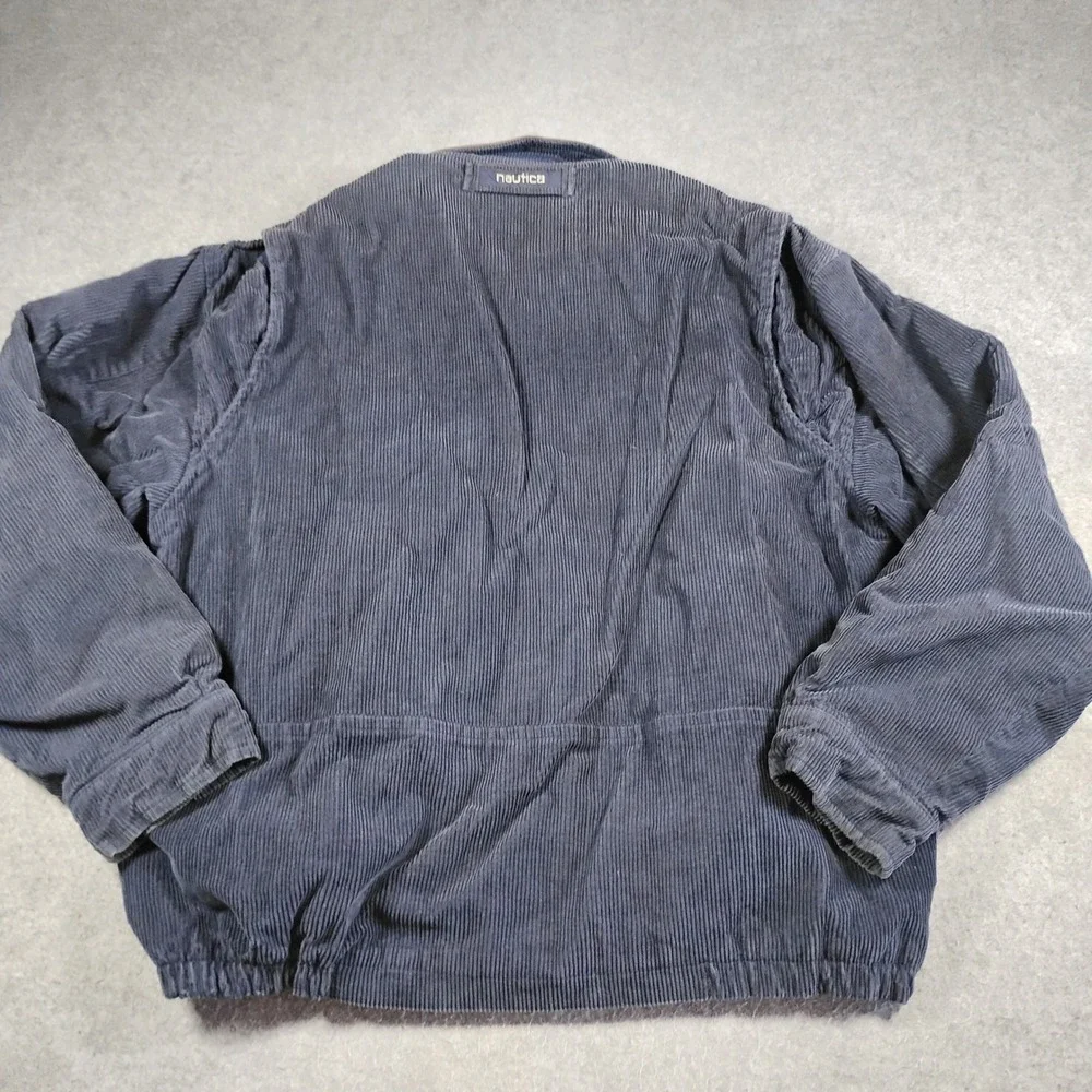 Vintage Nautica Corduroy Jacket Mens Large Blue Leather Collar Plaid Quilt Lined